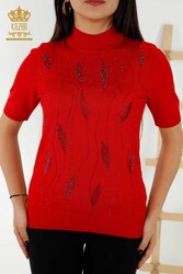 14GG Produced Viscose Elite Knitwear - Leaf Patterned - Stone Embroidered - Women's Clothing - 30182 | Real Textile - Thumbnail