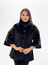 7GG Viscosa di lana prodotta - Cappotto ricamato in pietra - Produttore di abbigliamento da donna - 19105 | Vero tessuto - Thumbnail