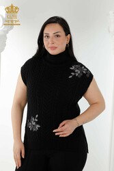 7GG Produced Corespun Knitwear Maglione Motivo floreale Pietra ricamata Produttore di abbigliamento femminile - 30179 | Tessuto reale - Thumbnail