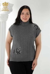 7GG Produced Corespun Knitwear Maglione Motivo floreale Pietra ricamata Produttore di abbigliamento femminile - 30179 | Tessuto reale - Thumbnail