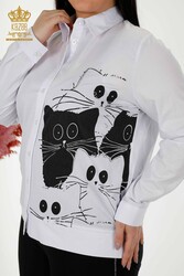 Producida en Tela de Algodón Lycra - Camisa - Estampado de Gatos - Bordado Piedra - Ropa de Mujer - 20318 | Textiles reales - Thumbnail