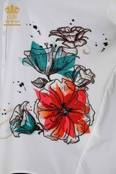 Hecho con Tela de Algodón Lycra - Camisa - Bordado Piedra - Colorido - Estampado Floral - Ropa de Mujer - 20223 | Textiles reales - Thumbnail