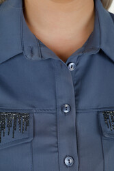 Hergestellt aus Baumwoll-Lycra-Stoff Hemd - Kristall Stein bestickt - Taschen - Damenbekleidung – 20239 | Echtes Textil - Thumbnail