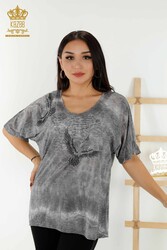 Blusa Prodotta Con Tessuto In Viscosa Ricamato Pietre Modellato Uccelli Abbigliamento Donna - 79124 | Tessuto reale - Thumbnail