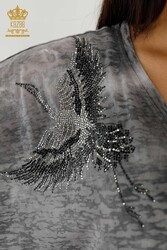 Blusa Prodotta Con Tessuto In Viscosa Ricamato Pietre Modellato Uccelli Abbigliamento Donna - 79124 | Tessuto reale - Thumbnail