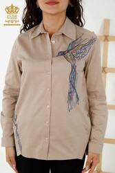 Camicia in Cotone Lycra - Modellato Uccelli - Ricami Pietre Colorate - Abbigliamento Donna - 20229 | Tessuto reale - Thumbnail