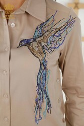 Camisa de Tela de Algodón Lycra - Estampado de Aves - Ropa de Mujer Bordada con Piedras de Colores - 20229 | Textiles reales - Thumbnail