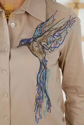 Chemise en tissu de coton lycra - Motif d'oiseau - Vêtements pour femmes brodés de pierres colorées - 20229 | Vrai textile - Thumbnail