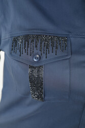 Fabriqué avec du tissu en coton lycra Chemise - Pierre de cristal brodée - Poches - Vêtements pour femmes - 20239 | Vrai textile - Thumbnail