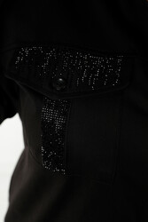 Fabriqué avec du tissu en coton lycra Chemise - Pierre de cristal brodée - Poches - Vêtements pour femmes - 20239 | Vrai textile - Thumbnail