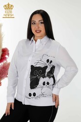 Fabriqué avec du tissu en coton lycra - Chemise - Motif chat - Pierre brodée - Vêtements pour femmes - 20318 | Vrai textile - Thumbnail