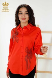 Camicia in tessuto Lycra di cotone con motivo floreale ricamato con pietre di cristallo Abbigliamento donna - 20297 | Tessuto reale - Thumbnail