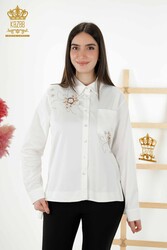 Prodotto con tessuto Lycra di cotone - Camicia - Dettagli floreali - Produttore di abbigliamento femminile - 20248 | Tessuto reale - Thumbnail