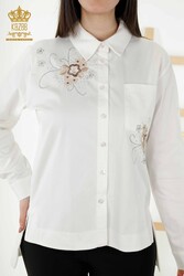 Prodotto con tessuto Lycra di cotone - Camicia - Dettagli floreali - Produttore di abbigliamento femminile - 20248 | Tessuto reale - Thumbnail