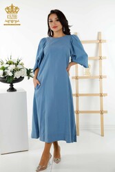 Dress Produced with Cotton Lycra Fabric Balloon Sleeve Women's Clothing - 20329 | Real Textile - Thumbnail