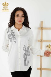 Shirt Made of Cotton Lycra Fabric Flower Patterned Crystal Stone Embroidered Women's Clothing - 20297 | Real Textile - Thumbnail