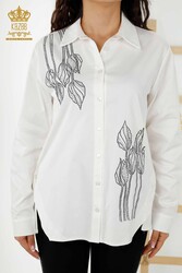 Shirt Made of Cotton Lycra Fabric Flower Patterned Crystal Stone Embroidered Women's Clothing - 20297 | Real Textile - Thumbnail