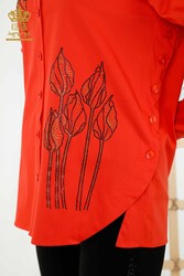 Shirt Made of Cotton Lycra Fabric Flower Patterned Crystal Stone Embroidered Women's Clothing - 20297 | Real Textile - Thumbnail