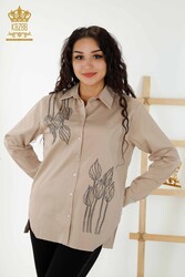 Shirt Made of Cotton Lycra Fabric Flower Patterned Crystal Stone Embroidered Women's Clothing - 20297 | Real Textile - Thumbnail