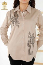 Shirt Made of Cotton Lycra Fabric Flower Patterned Crystal Stone Embroidered Women's Clothing - 20297 | Real Textile - Thumbnail