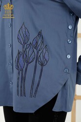 Shirt Made of Cotton Lycra Fabric Flower Patterned Crystal Stone Embroidered Women's Clothing - 20297 | Real Textile - Thumbnail