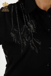 Shirt Made of Cotton Lycra Fabric Flower Patterned Crystal Stone Embroidered Women's Clothing - 20297 | Real Textile - Thumbnail