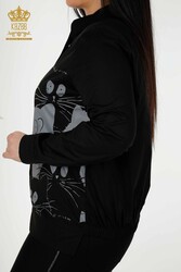 Produced with Cotton Lycra Fabric - Shirt - Cat Pattern - Stone Embroidered - Women's Clothing - 20318 | Real Textile - Thumbnail