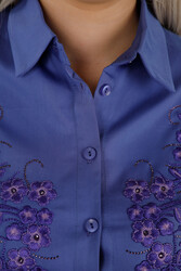 Made with Cotton Lycra Fabric - Shirt - Flower Embroidered - Stone Embroidered - Women's Clothing - 20395 | Real Textile - Thumbnail