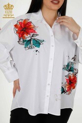 Made with Cotton Lycra Fabric Shirt - Stone Embroidered - Colorful Floral Pattern - Women's Clothing - 20223 | Real Textile - Thumbnail