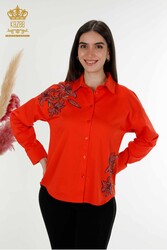 Produced with Cotton Lycra Fabric Shirt - Stone Embroidered - Women's Clothing Manufacturer - 20252 | Real Textile - Thumbnail