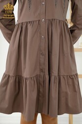 لباس از پارچه لاکرا نخی - دکمه دار - سنگ دوزی - لباس زنانه - 20229 | نساجی واقعی - Thumbnail
