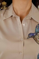 پیراهن با پارچه لاکرا نخی - طرح پرنده - سنگ دوزی رنگی - لباس زنانه - 20229 | نساجی واقعی - Thumbnail