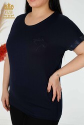 مصنوع من قماش الفسكوز - بلوزة - ياقة دائرية - ملابس نسائية - 78918 | نسيج حقيقي - Thumbnail