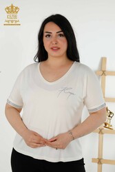 بلوزة برقبة على شكل حرف V مُصنّعة للملابس النسائية مع قماش فسكوزي - 79297 | نسيج حقيقي - Thumbnail