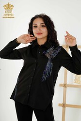Hemd aus Baumwoll-Lycra-Stoff – Vogelmuster – farbiger Stein bestickt – Damenbekleidung – 20229 | Echtes Textil - Thumbnail