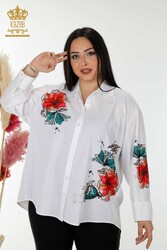 Сделано из хлопчатобумажной ткани с лайкрой Рубашка - Вышитый камень - Цветной - Цветочный узор - Женская одежда - 20223 | Настоящий текстиль - Thumbnail