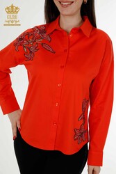 Изготовлено из хлопчатобумажной ткани с лайкрой Рубашка - Вышитая камнем - Производитель женской одежды - 20252 | Настоящий текстиль - Thumbnail