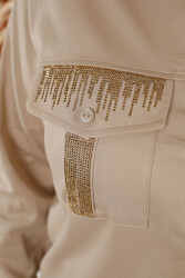 Сделано из хлопчатобумажной ткани с лайкрой Рубашка - Вышитая хрустальным камнем - Карманы - Женская одежда - 20239 | Настоящий текстиль - Thumbnail