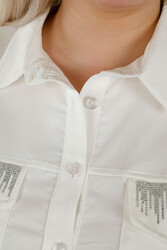 Сделано из хлопчатобумажной ткани с лайкрой Рубашка - Вышитая хрустальным камнем - Карманы - Женская одежда - 20239 | Настоящий текстиль - Thumbnail