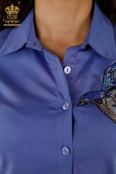 Рубашка из хлопчатобумажной ткани с лайкрой - Узор с птицей - Вышитая разноцветными камнями женская одежда - 20229 | Настоящий текстиль - Thumbnail