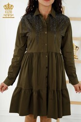 Kleid aus Baumwoll-Lycra-Stoff – geknöpft – Stein bestickt – Damenbekleidung – 20229 | Echtes Textil - Thumbnail