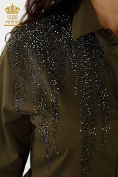 Kleid aus Baumwoll-Lycra-Stoff – geknöpft – Stein bestickt – Damenbekleidung – 20229 | Echtes Textil - Thumbnail
