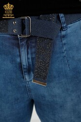 Hergestellt aus gestricktem Lycra Jeans - Gürtel - Steinbestickt - Hersteller von Damenbekleidung – 3686 | Echtes Textil - Thumbnail