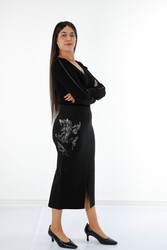 Hergestellt aus gestricktem Lycra-Stoff - Rock mit Blumenstickerei - Hersteller von Damenbekleidung - 4206 | Echtes Textil - Thumbnail