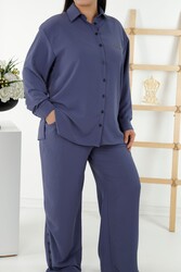 بدلة قميص وبنطال بجيوب مصنوعة من قماش قطن ليكرا مصنع الملابس النسائية - 20320 | نسيج حقيقي - Thumbnail