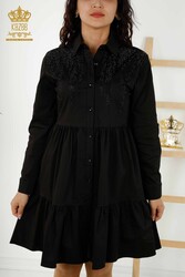 فستان مصنوع من قماش ليكرا قطن - ازرار - مطرز بالحجر - ملابس نسائية - 20229 | نسيج حقيقي - Thumbnail