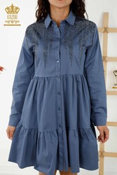 Pamuk Likra Kumaş İle Üretilen Elbise Düğmeli Taş İşlemeli Kadın Giyim - 20229 | Reel Tekstil - Thumbnail