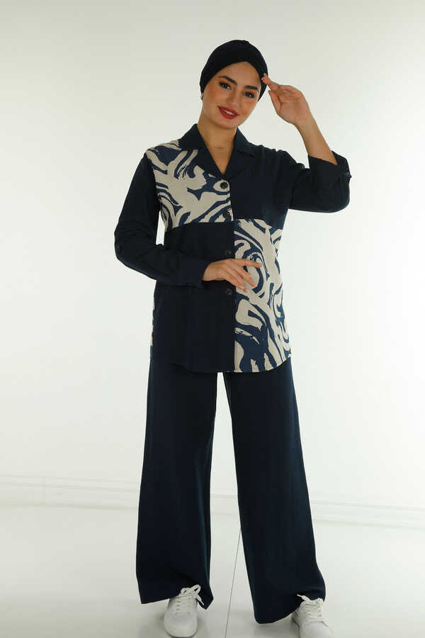 Reel Tekstil - Pamuk Likra Kumaş İle Üretilen Gömlek Pantolon Kapalı Takım Desenli Kadın Giyim Üreticisi - | Reel Tekstil