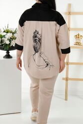 الملابس النسائية المنقوشة - أطقم قمصان وبنطلونات مصنوعة من قماش قطن ليكرا - 20332 | نسيج حقيقي - Thumbnail
