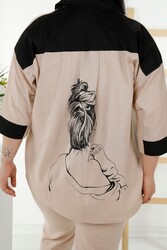 الملابس النسائية المنقوشة - أطقم قمصان وبنطلونات مصنوعة من قماش قطن ليكرا - 20332 | نسيج حقيقي - Thumbnail
